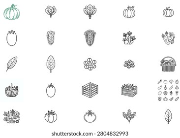 Black and white vegetable illustrations containing spinach and tomatoes and potato clusters and harvest storage containers.