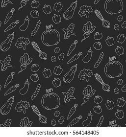 Black and white vegetables doodles cute healthy vegetarian food seamless vector pattern carrot pumpkin cucumber onion