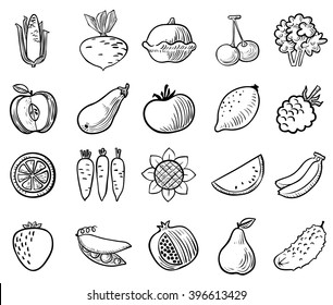 Black And White Vegetables And Fruits Icons Vector Set In Doodle Simplicity Style