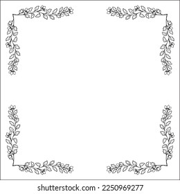 Black and white vegetal ornamental frame, decorative border with acorns, corners for greeting cards, banners, business cards, invitations, menus. Isolated vector illustration.