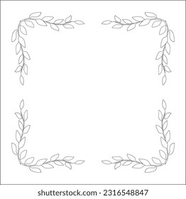 Black and white vegetal ornamental frame with leaves, decorative border, corners for greeting cards, banners, business cards, invitations, menus. Isolated vector illustration.