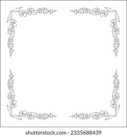 Black and white vegetal ornamental frame with leaves and flowers, decorative border, corners for greeting cards, banners, business cards, invitations, menus. Isolated vector illustration.