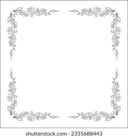 Black and white vegetal ornamental frame with leaves and flowers, decorative border, corners for greeting cards, banners, business cards, invitations, menus. Isolated vector illustration.