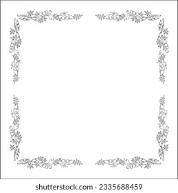 Black and white vegetal ornamental frame with leaves and flowers, decorative border, corners for greeting cards, banners, business cards, invitations, menus. Isolated vector illustration.
