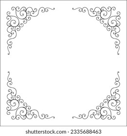 Black and white vegetal ornamental frame with leaves and flowers, decorative border, corners for greeting cards, banners, business cards, invitations, menus. Isolated vector illustration.