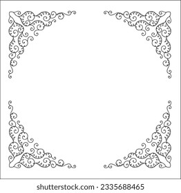 Black and white vegetal ornamental frame with leaves, decorative border, corners for greeting cards, banners, business cards, invitations, menus. Isolated vector illustration.