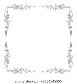 Black and white vegetal ornamental frame with wild flowers, decorative border, corners for greeting cards, banners, business cards, invitations, menus. Isolated vector illustration.