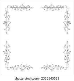 Black and white vegetal ornamental frame with wild flowers, bluebell flowers, decorative border, corners for greeting cards, banners, business cards, invitations, menus. Isolated vector illustration.