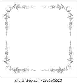 Black and white vegetal ornamental frame with wild flowers, decorative border, corners for greeting cards, banners, business cards, invitations, menus. Isolated vector illustration.