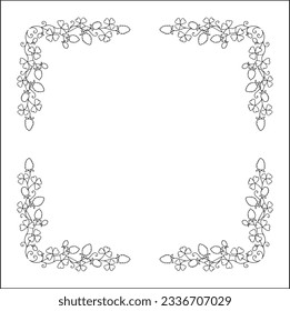 Black and white vegetal ornamental frame with wild flowers, clover plant, decorative border, corners for greeting cards, banners, business cards, invitations, menus. Isolated vector illustration.