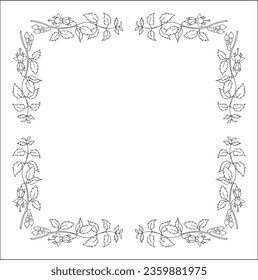 Black and white vegetal ornamental frame with fuchsia flowers, decorative border, corners for greeting cards, banners, business cards, invitations, menus. Isolated vector illustration.