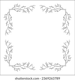 Black and white vegetal ornamental frame with tree branches, decorative border, corners for greeting cards, banners, business cards, invitations, menus. Isolated vector illustration.