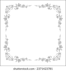 Black and white vegetal ornamental frame with apple trees, decorative border, corners for greeting cards, banners, business cards, invitations, menus. Isolated vector illustration.