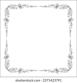 Black and white vegetal ornamental frame with butterflies, decorative border, corners for greeting cards, banners, business cards, invitations, menus. Isolated vector illustration.