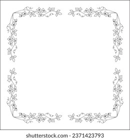 Black and white vegetal ornamental frame with flowers, decorative border, corners for greeting cards, banners, business cards, invitations, menus. Isolated vector illustration.