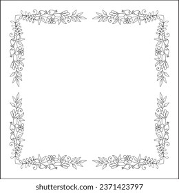 Black and white vegetal ornamental frame with flowers, decorative border, corners for greeting cards, banners, business cards, invitations, menus. Isolated vector illustration.