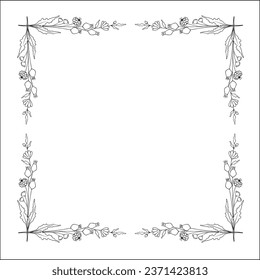 Black and white vegetal ornamental frame with flowers, decorative border, corners for greeting cards, banners, business cards, invitations, menus. Isolated vector illustration.