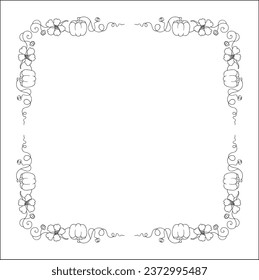 Marco ornamental vegetal negro y blanco con calabazas y flores de nasturcio, borde decorativo, esquinas para la fiesta de Halloween. Ilustración vectorial aislada.