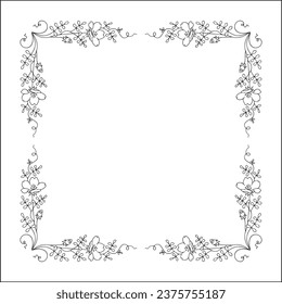 Black and white vegetal ornamental frame with baby blue eyes flowers, decorative border, corners for greeting cards, banners, business cards, invitations, menus. Isolated vector illustration.