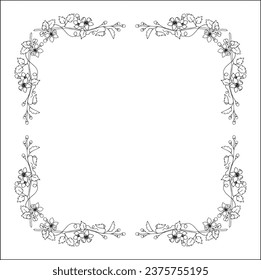 Black and white vegetal ornamental frame with fruit trees blossom, decorative border, corners for greeting cards, banners, business cards, invitations, menus. Isolated vector illustration.	