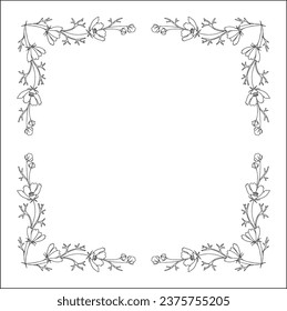 Black and white vegetal ornamental frame with cosmos flowers, decorative border, corners for greeting cards, banners, business cards, invitations, menus. Isolated vector illustration.	