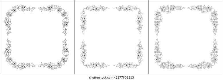 Black and white vegetal ornamental frame with spring trees blossom, decorative border, corners for greeting cards, banners, business cards, invitations, menus. Isolated vector illustration.	
