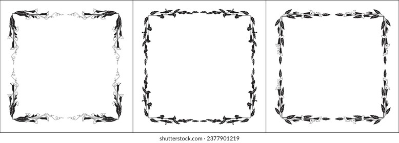 Black and white vegetal ornamental frame with kala flowers, decorative border, corners for cards, banners, business cards, invitations, menus. Isolated vector illustration.	
