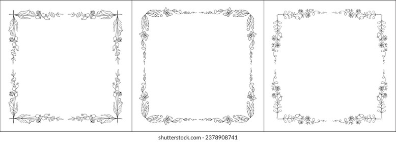 Black and white vegetal ornamental frame with field flowers, decorative border, corners for greeting cards, banners, business cards, invitations, menus. Isolated vector illustration.	
