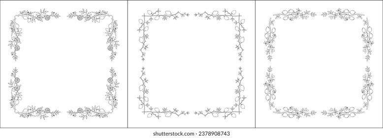 Black and white vegetal ornamental frame with lemon trees, decorative border, corners for greeting cards, banners, business cards, invitations, menus. Isolated vector illustration.	
