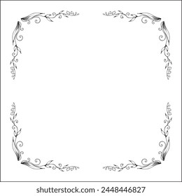Black and white vegetal ornamental frame with lily of the valley, decorative border, corners for greeting cards, banners, business cards, invitations, menus. Isolated vector illustration.	