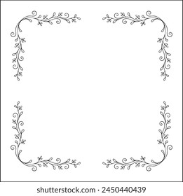 Black and white vegetal ornamental frame with leaves, decorative border, corners for greeting cards, banners, business cards, invitations, menus. Isolated vector illustration.	
