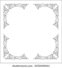 Black and white vegetal ornamental frame with leaves and magnolia flowers, decorative border, corners for greeting cards, banners, business cards, invitations, menus. Isolated vector illustration.	
