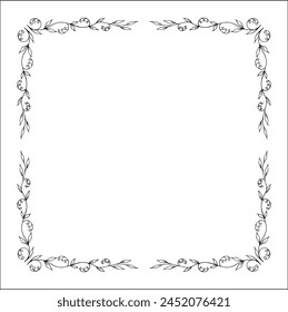 Black and white vegetal ornamental frame with leaves and flowers, decorative border, corners for greeting cards, banners, business cards, invitations, menus. Isolated vector illustration.	
