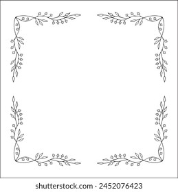 Marco ornamental vegetal blanco y negro con hojas y flores, borde decorativo, rincones para tarjetas de felicitación, Anuncios, tarjetas de visita, invitaciones, menús. Ilustración vectorial aislada.	
