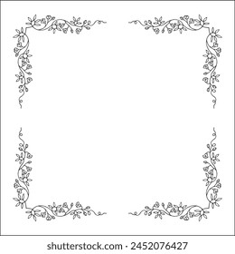 Black and white vegetal ornamental frame with leaves and flowers, decorative border, corners for greeting cards, banners, business cards, invitations, menus. Isolated vector illustration.	
