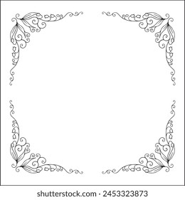 Black and white vegetal ornamental round frame with lily of the valley, decorative border, corners for greeting cards, banners, business cards, invitations, menus. Isolated vector illustration.	