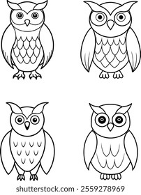 Black and White Velvet Owl Bird Line Art Illustration Set