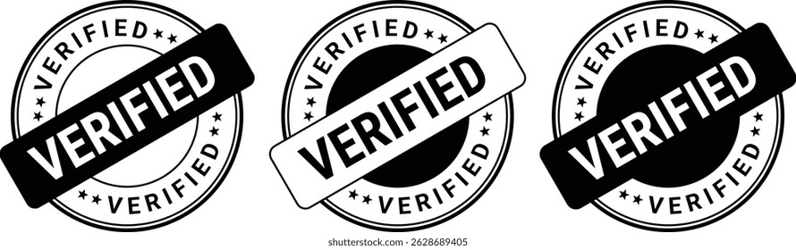  black and white verified stamp icons in circular badge style with bold typography and diagonal label