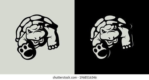 Black and white version of the angry turtle mascot logo suitable for team logos, icons, symbols, or for brand logos, business logos, or for animal protection logos.