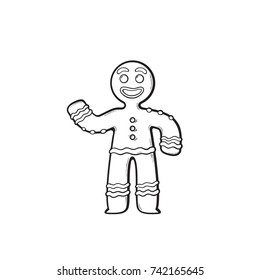 Black and white version of cute and funny cookie man, Gingerbread cartoon man in line art style, vector illustration isolated on white background