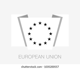 Black and White Version European Union Flag. Flat Icon Waving Flag with Country Name on a White Background