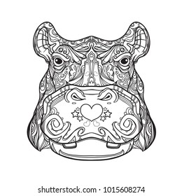 Black and white version of ornament hippo face in line art style, vector illustration isolated on white background