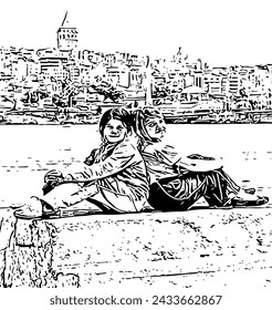Una versión en blanco y negro de un boceto de una joven sentada en el terraplén en Estambul, Turquía