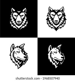 Black and white version of the wolf head mascot logo suitable for team logos, animal protection group logos can be icons, symbols and images of protected animals.