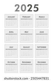 Black and white vertical classic calendar 2025 year. Week starts on Monday. Desk or wall calendar in minimalist style