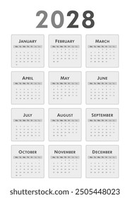 Black and white vertical classic calendar 2028 year. Week starts on Monday. Desk or wall calendar in minimalist style