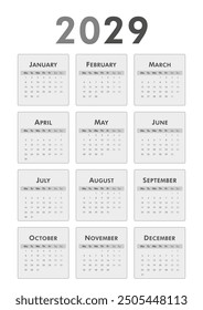 Black and white vertical classic calendar 2029 year. Week starts on Monday. Desk or wall calendar in minimalist style