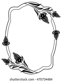 Black and white vertical frame with floral elements. Vector clip art.