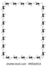 Black and white vertical frame with stylized roses silhouettes. Vector clip art.