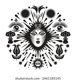 Black and white vertical illustration on the theme of mystic and esoteric. Woman face and decorative elements in round